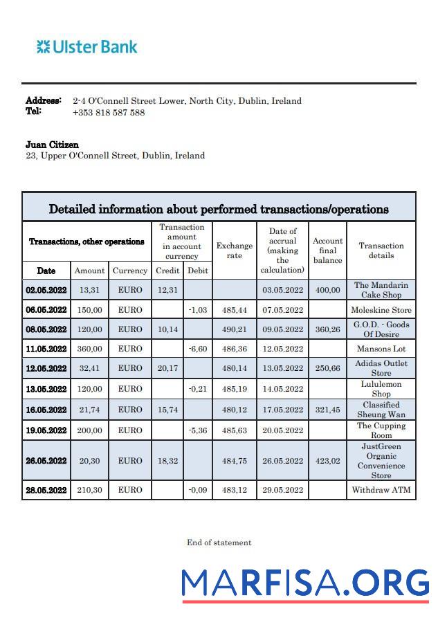 Blank Ireland Ulster bank statement word real example